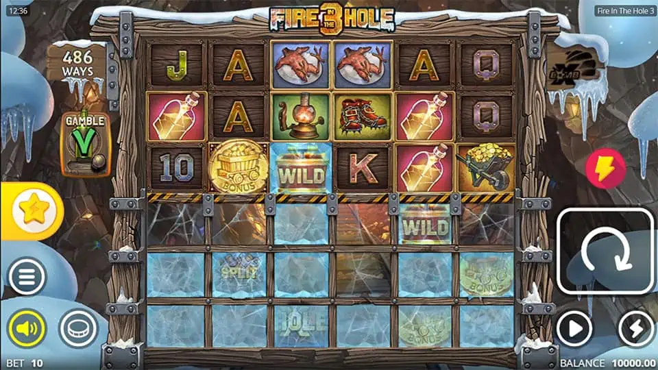 Reels with miner-themed symbols like dynamite and boots, WILD tiles, and partially unlocked frozen rows.