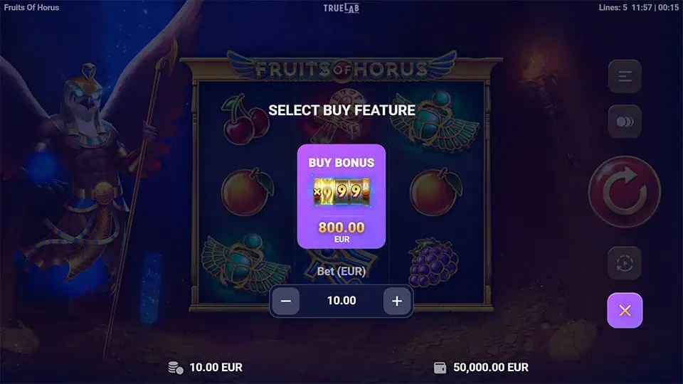 Buy Bonus Feature in Fruits of Horus slot allowing direct entry into the bonus round for x80 the bet.