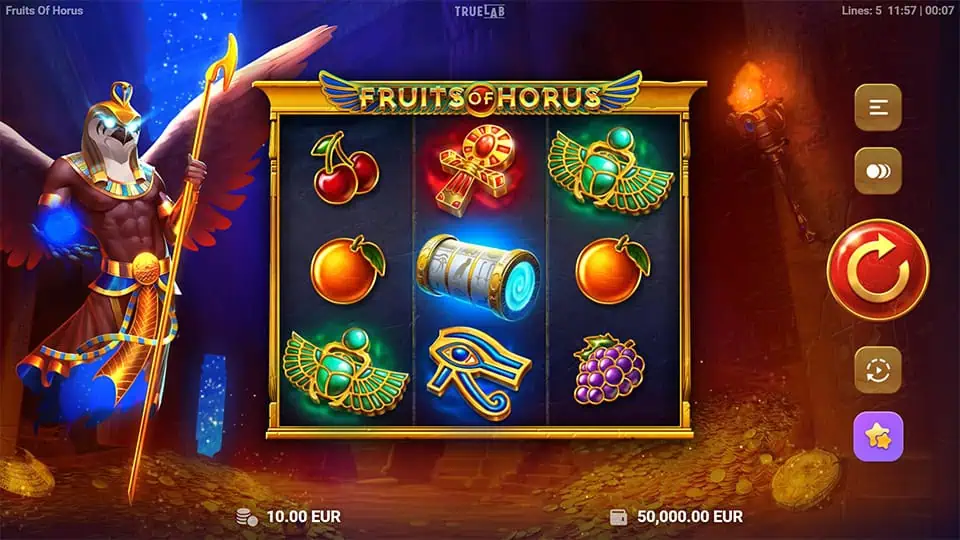 Preview of Fruits of Horus slot showing the reels and Egyptian fruit-themed symbols in action.