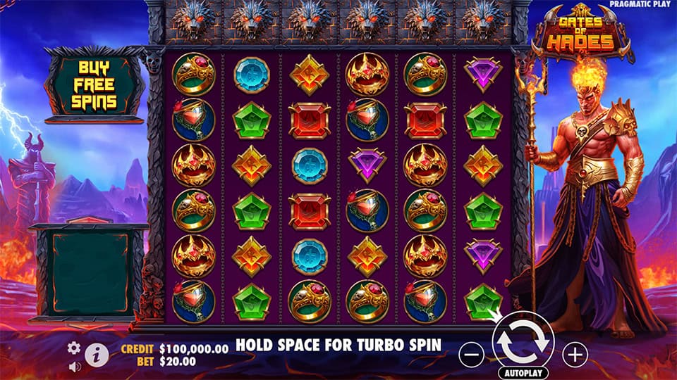 Base game screen of Gates of Hades with fiery symbols, Hades standing beside the reels, and the bonus buy option visible on the left.