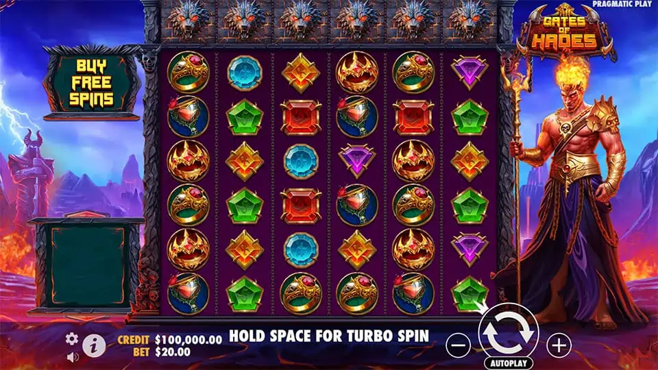 Base game screen of Gates of Hades with fiery symbols, Hades standing beside the reels, and the bonus buy option visible on the left.