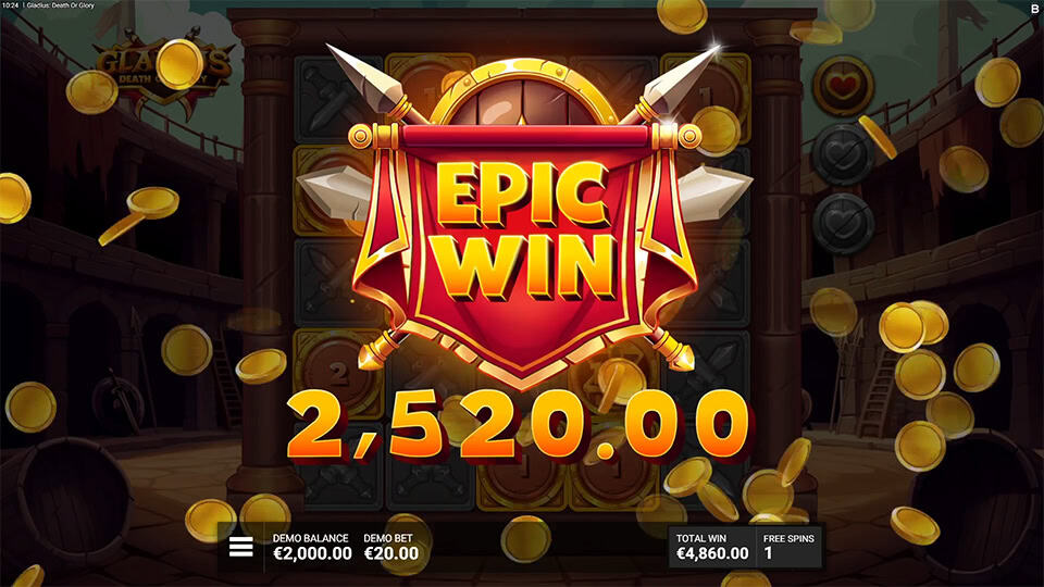 Gladius Death or Glory slot big win screen showing an Epic Win of 2,520 with gold coins flying around the arena.