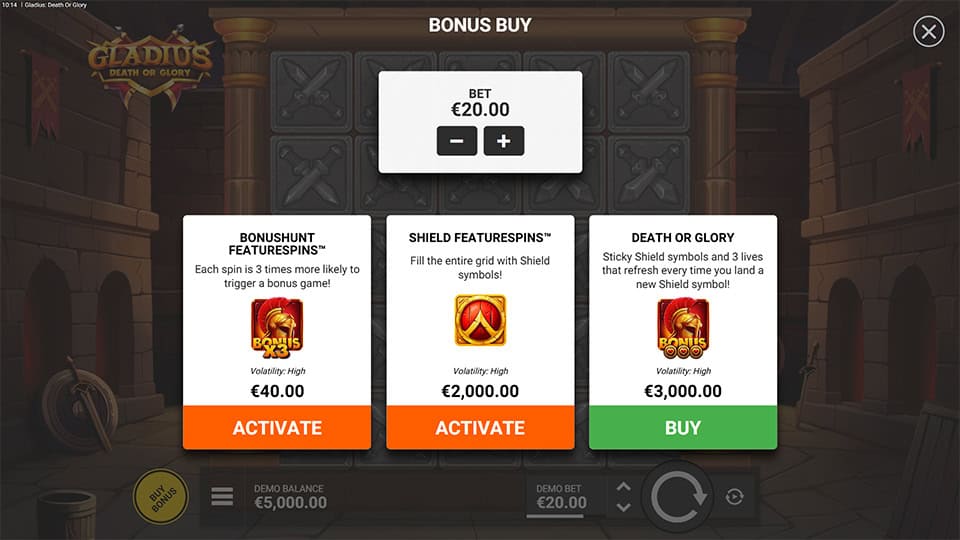 Gladius Death or Glory slot bonus buy screen displaying three purchase options: Bonushunt, Shield Featurespins, and Death or Glory.