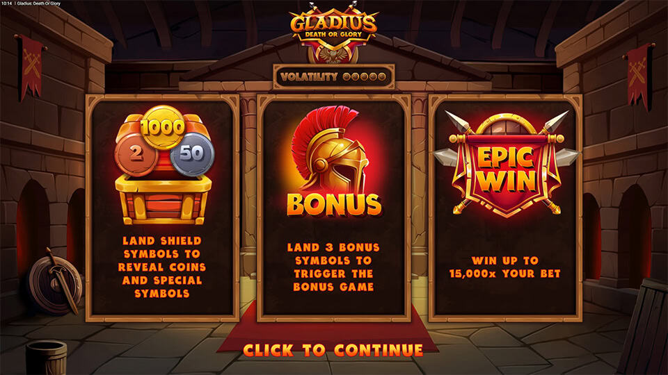 Gladius Death or Glory slot feature screen explaining bonus triggers, shield coin wins, and the 15,000x max win potential.