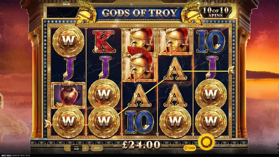 Golden Shield feature in Gods of Troy slot adding Wild Symbols on the 10th spin.