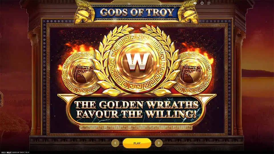 Homepage of Gods of Troy slot introducing game features and bonus mechanics.