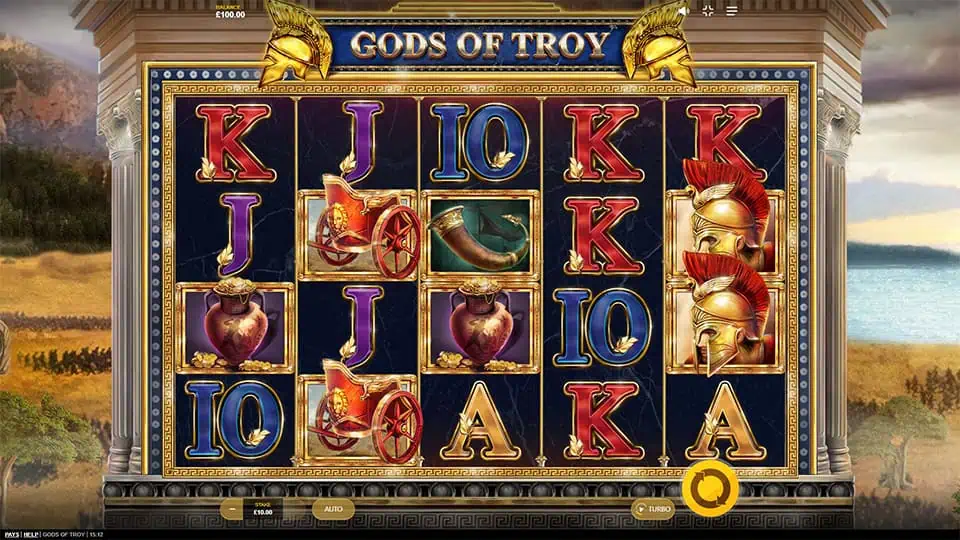 Preview of Gods of Troy slot showing the reels and Trojan war-themed symbols in action.