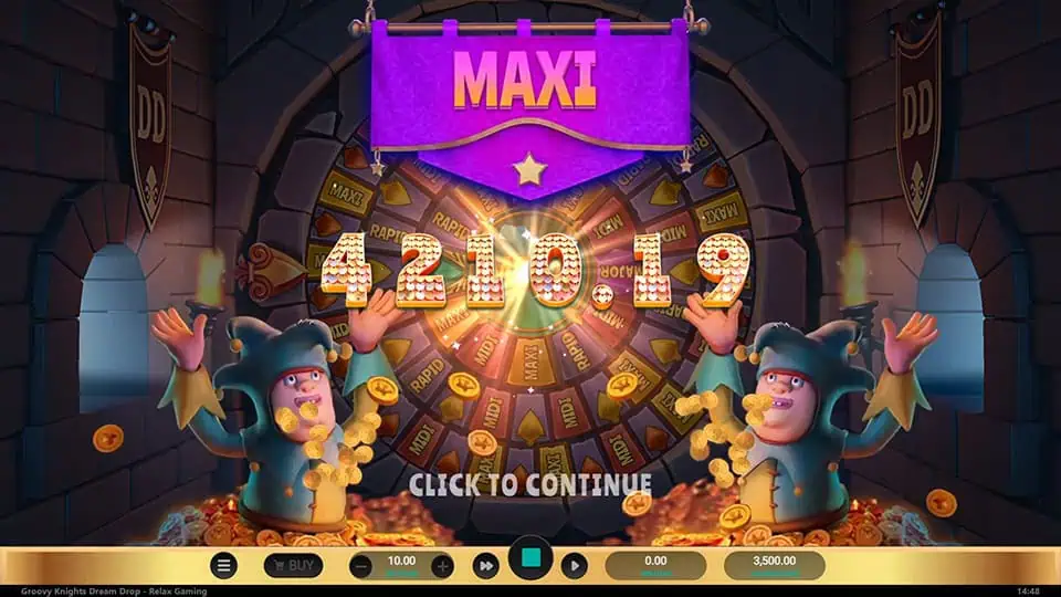 Maxi Jackpot win with jesters throwing coins in front of a prize wheel.
