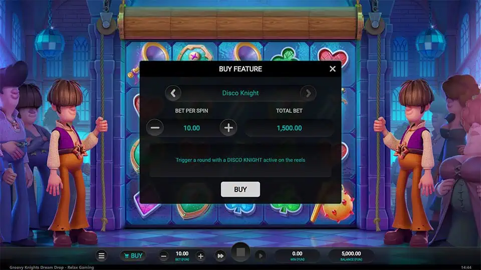 Buy Feature popup for Disco Knight mode with €1,500 total bet; dancers flank the reels in a disco hall.