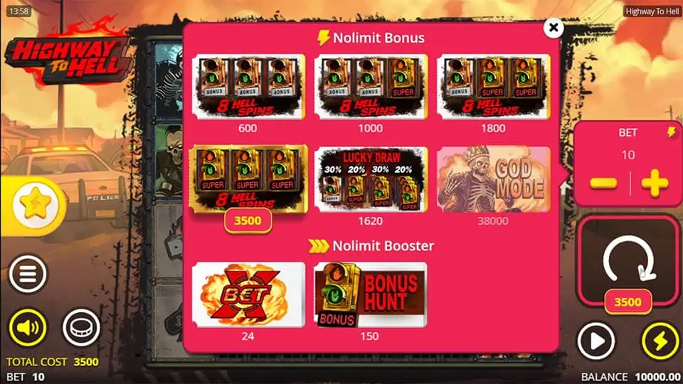 Bonus buy menu in Highway to Hell slot showing multiple Hell Spins packages, including God Mode and Lucky Draw options.
