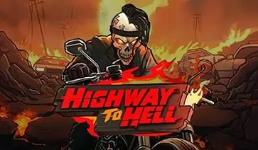 Logo for Highway to Hell slot featuring a flaming red title on a desert highway background with police cars in pursuit.