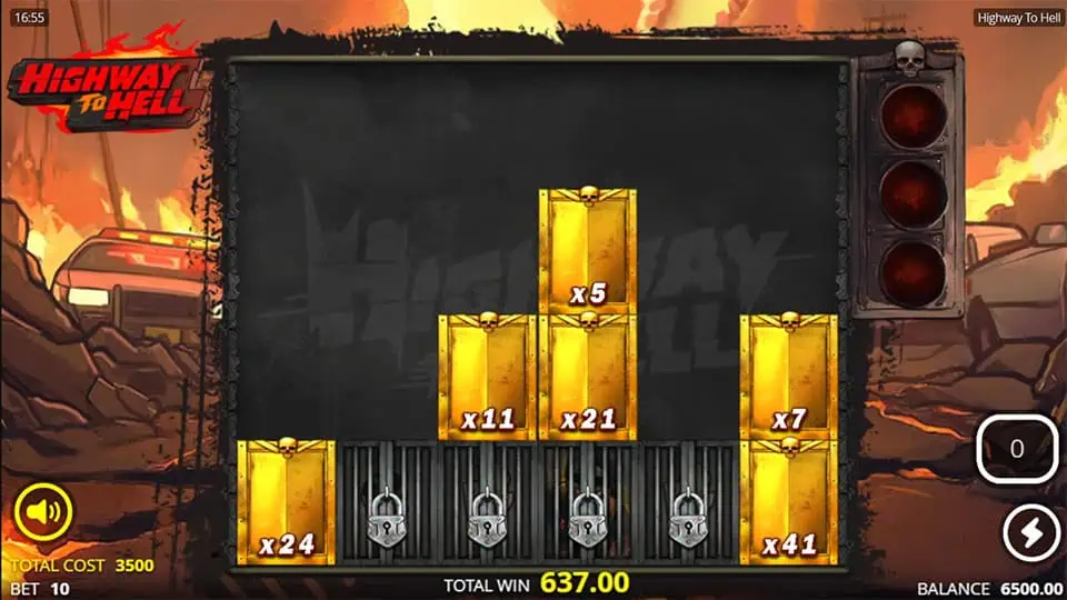 Gameplay screen in Highway to Hell showing locked Enhancer Cells at the bottom of the grid, ready to activate bonus effects.