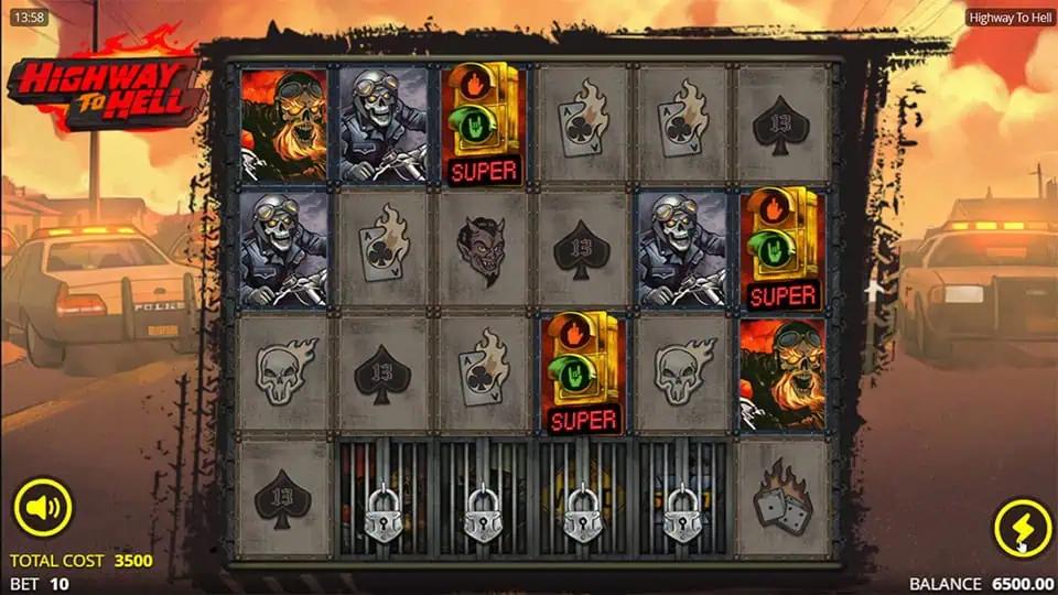 Game screen triggering Hell Spins with three bonus light scatter symbols, activating the fiery bonus mode.