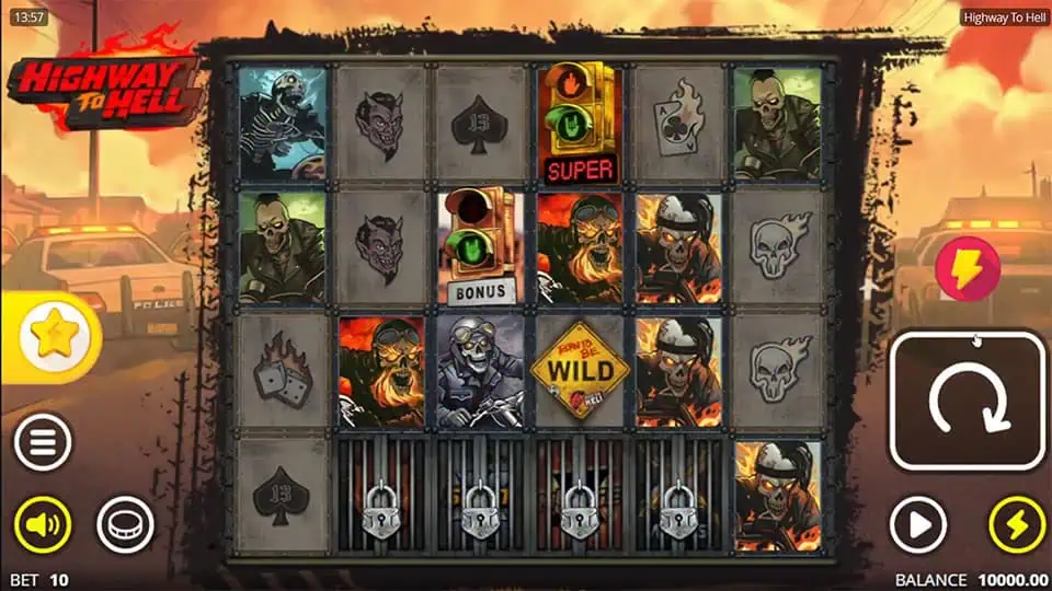Main game screen of Highway to Hell showing biker-themed symbols, wilds, bonus lights, and locked Enhancer Cells on a gritty 5x5 grid.