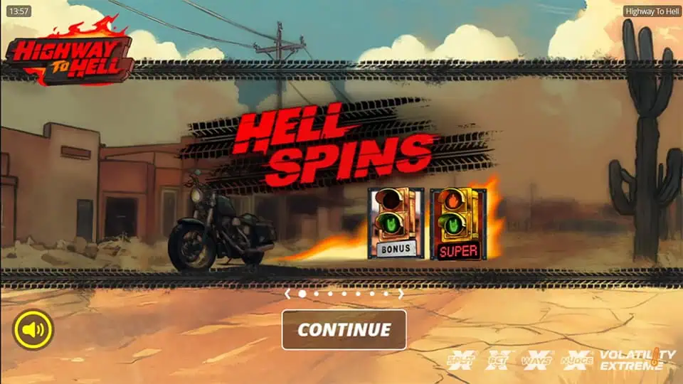 Feature introduction screen for Highway to Hell slot with biker mascot, game volatility, and up to 38,000x win potential.