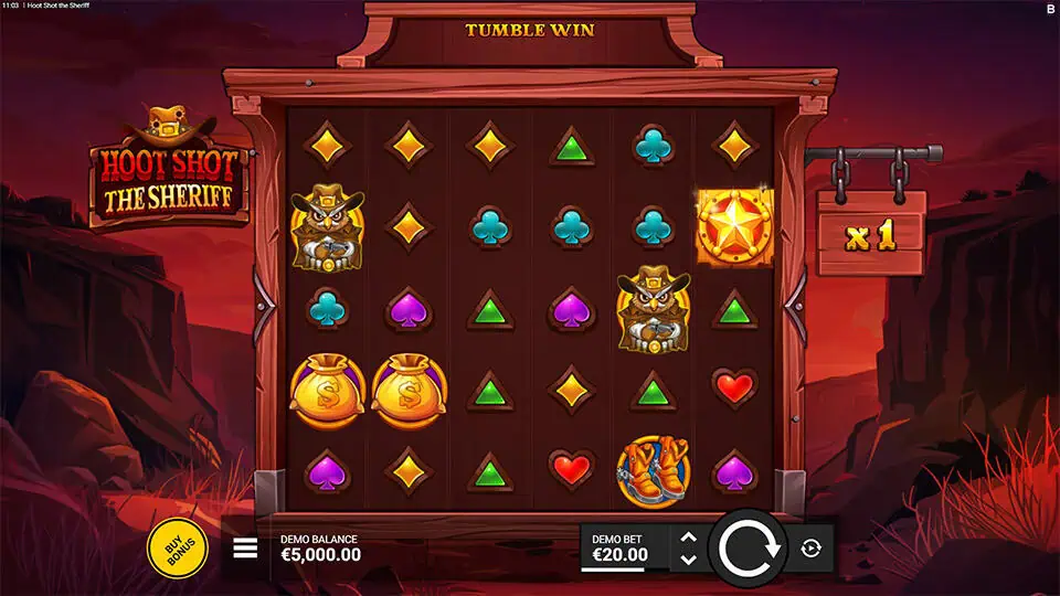 Base game reels with cowboy owls, golden bags, sheriff badges, and a x1 multiplier displayed to the side.