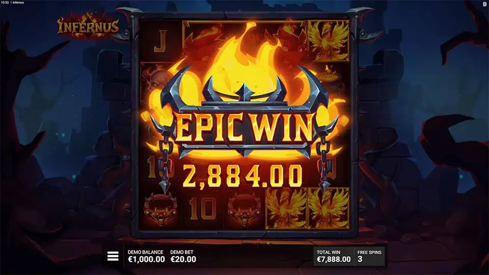 Epic Win screen in Infernus slot displaying a €2,884 payout.