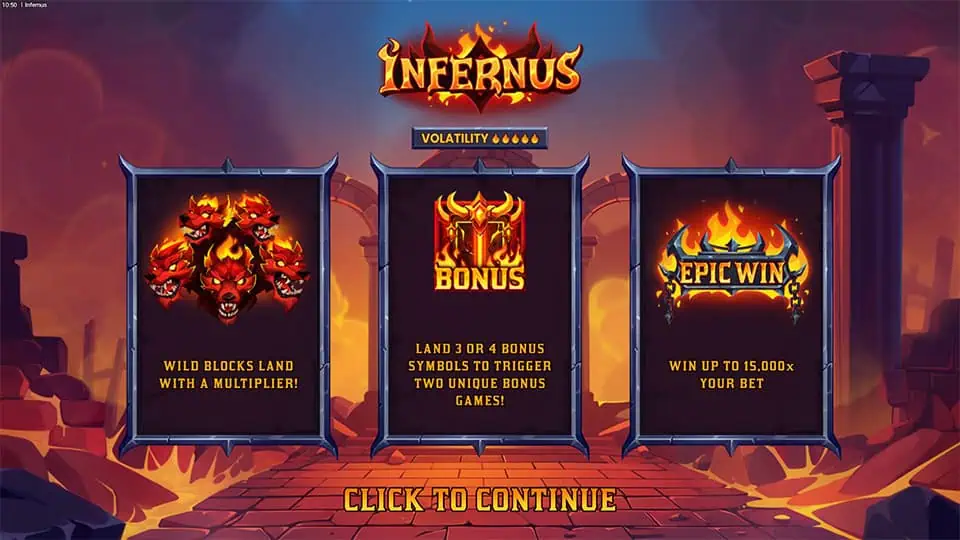 Homepage of Infernus slot introducing game features and bonus mechanics.