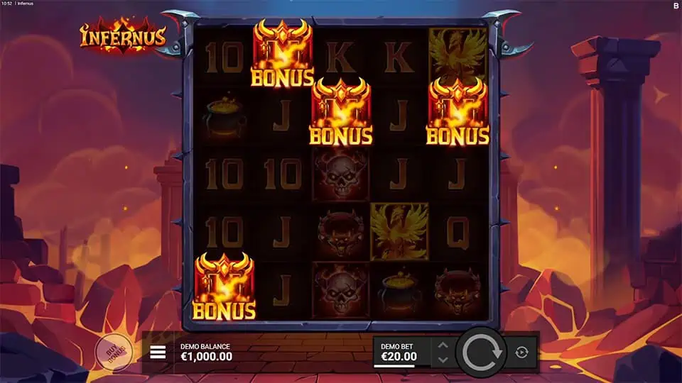 Four Scatter symbols appearing in Infernus slot, triggering the Cerberus' Rage Free Spins bonus round.