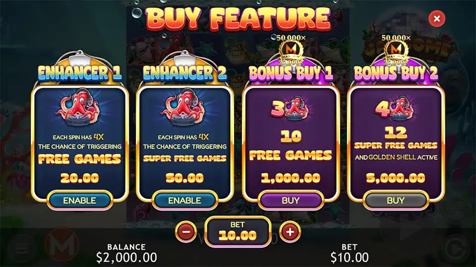 Buy Feature in Jawsome slot offering Enhancer 1 for x2, Enhancer 2 for x5, Free Games for x100, and Super Free Games for x500 the bet.