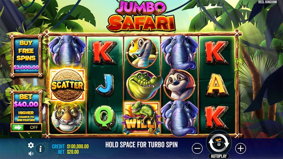 Base game screen of Jumbo Safari with vibrant animal symbols, scatter coins, and classic card icons on a 5x3 reel set.
