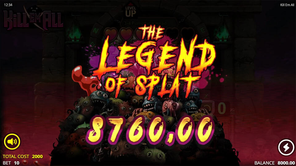 Kill Em All slot showing Splat Win with red paint explosion and big win value highlighted.
