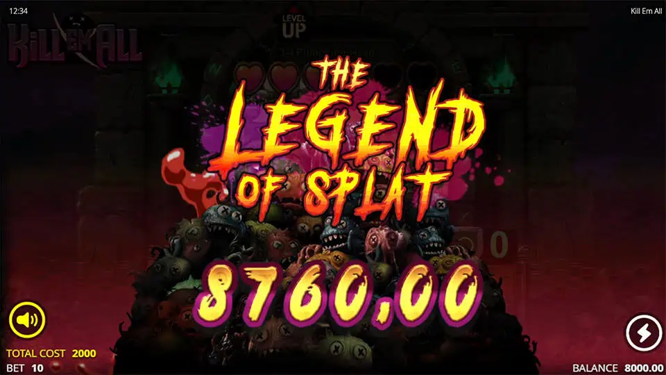 Kill Em All slot showing Splat Win with red paint explosion and big win value highlighted.