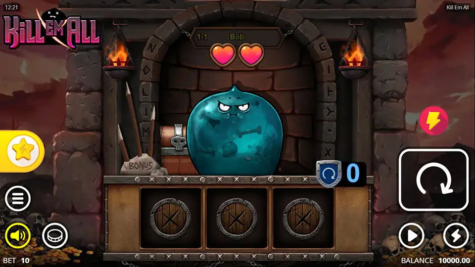 Kill Em All slot grid with chaotic symbol layout, explosive items, and urban punk theme.