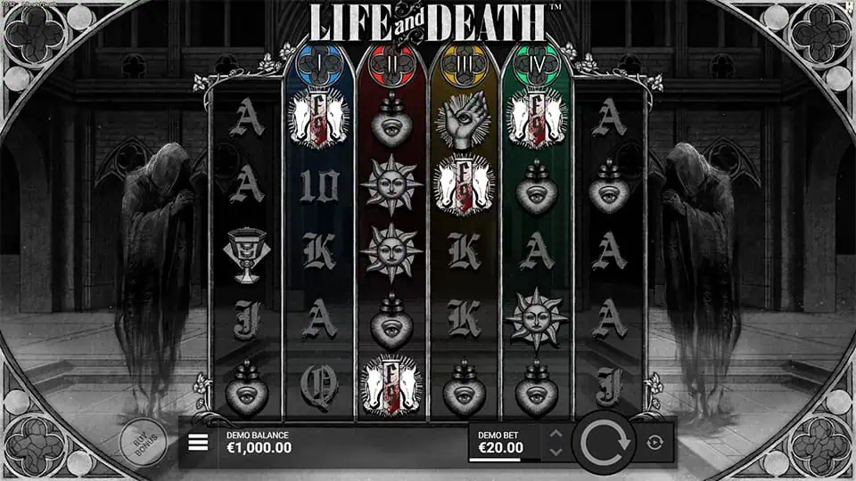 Four FS Scatter symbols appearing in Life and Death slot, triggering the Reckoning Bonus Game.