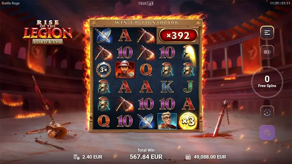 Gold-Multiplier x3 appearing on reel 5 in Lord & Lyu: Rise of the Legion slot, enhancing winnings.