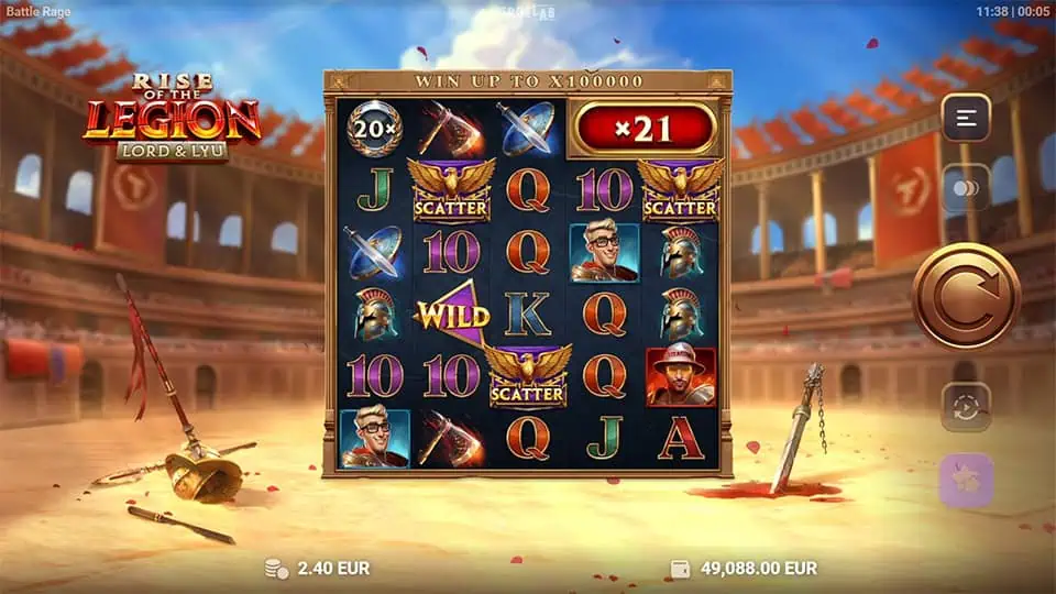 Three Scatter symbols appearing in Lord & Lyu: Rise of the Legion slot, triggering the Battle Feature in Super Buy Bonus.