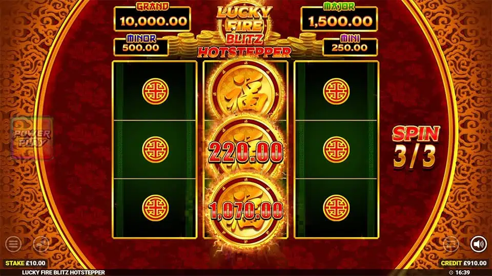 Slot screen with glowing gold coins landing on reels, showing collected values like 220.00 and 1,070.00 in the bonus game final spin.