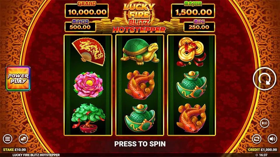 Game screen with vibrant reels featuring koi fish, fans, turtles, and bonsai trees, beneath jackpot meters and Power Play button.