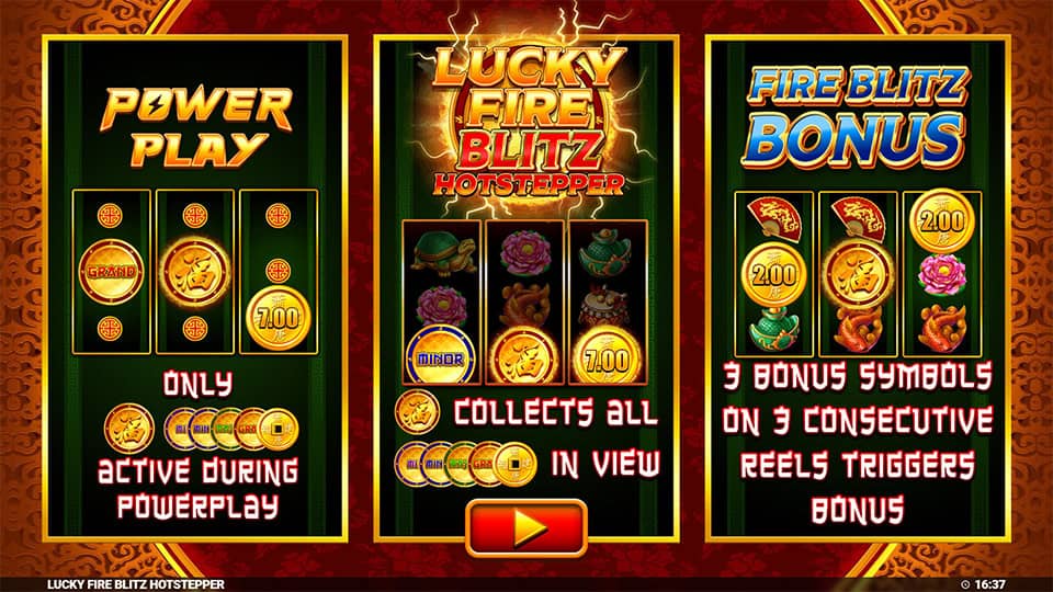 Game introduction panel explaining Power Play, Hotstepper collection mechanic, and Fire Blitz Bonus trigger with bold visuals.