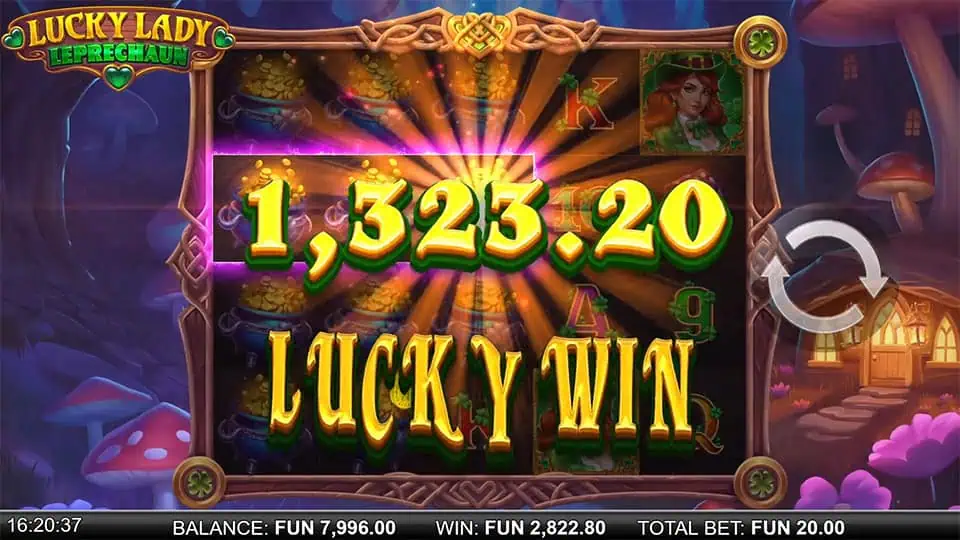 “Lucky Win” splash with a 1,323.20 payout, golden light rays, and background reels filled with pot-of-gold symbols.