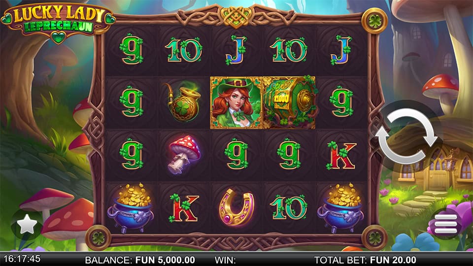 Gameplay screen with clovers, coins, card symbols, and a leprechaun lady character on a wooden-framed grid in a forest clearing.