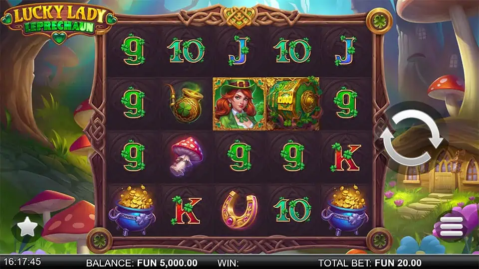 Gameplay screen with clovers, coins, card symbols, and a leprechaun lady character on a wooden-framed grid in a forest clearing.