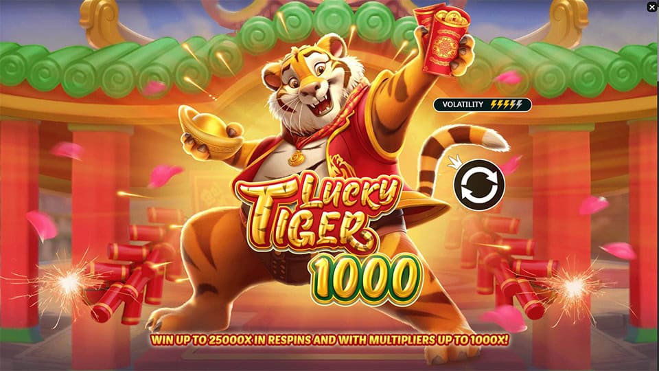 Homepage for Lucky Tiger 1000 slot with game features, volatility, and the tiger mascot promoting up to 25,000x win potential.