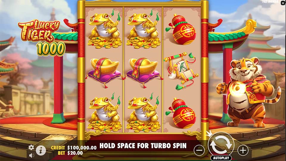 Base game screen of Lucky Tiger 1000 with golden frog, lantern, and ingot symbols on a bright red and gold slot grid.
