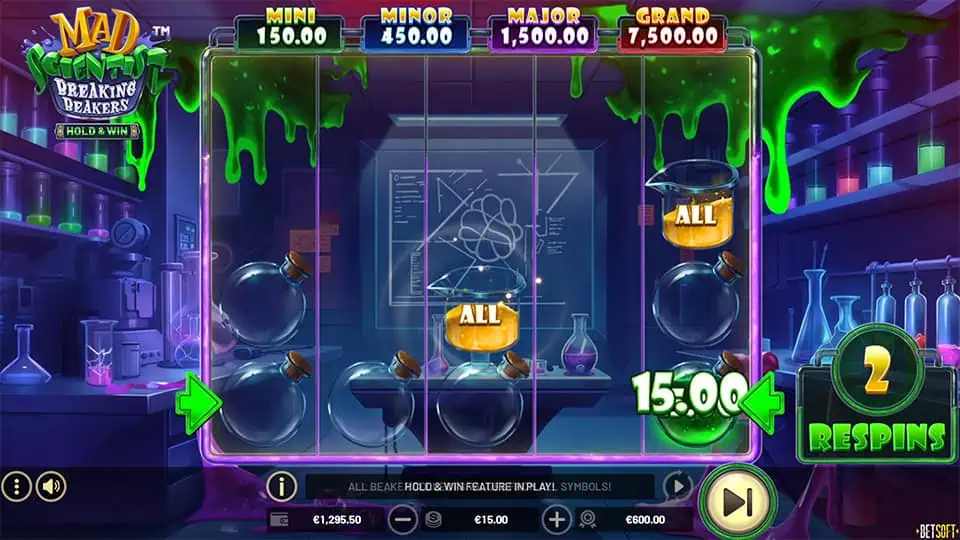 Hold & Win bonus round featuring “ALL” beaker symbols on glowing lab reels.