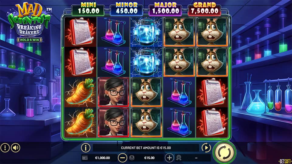 Base game screen with carrot, hamster, scientist, and glowing flask symbols under jackpot tiers.