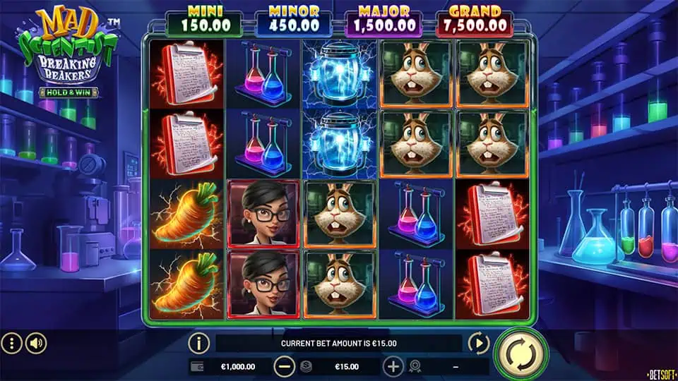 Base game screen with carrot, hamster, scientist, and glowing flask symbols under jackpot tiers.