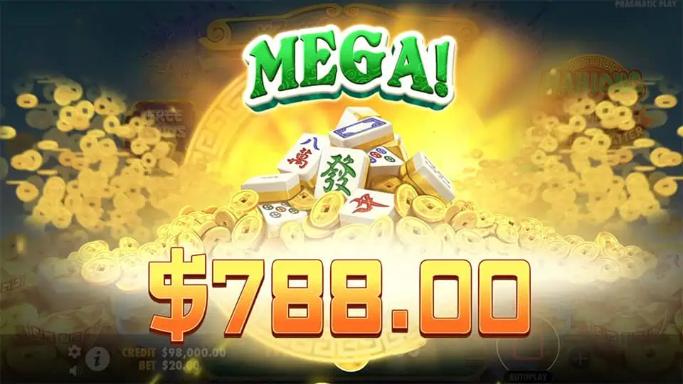 Mega win screen showing $788.00 with exploding coins and mahjong tiles.