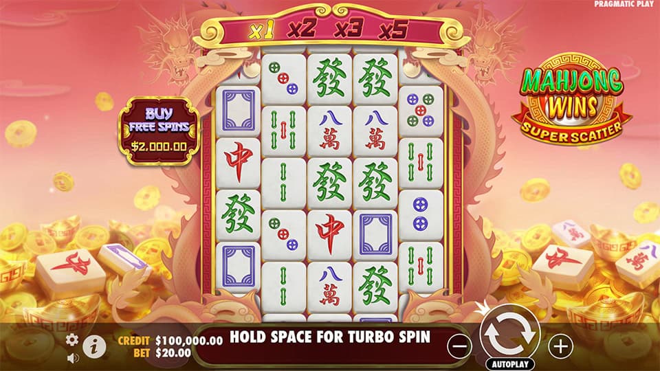 Base game screen with mahjong tiles, multiplier banners, and bonus buy option.