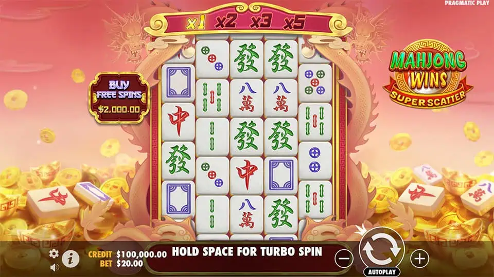 Base game screen with mahjong tiles, multiplier banners, and bonus buy option.