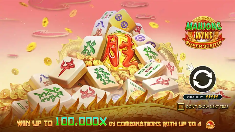 Intro screen showing max win 100,000x, volatility level, and free spins.