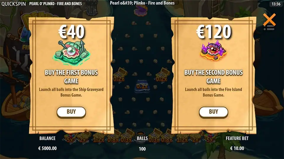 Bonus Buy feature in Pearl O' Plinko Fire & Bones slot allowing players to purchase the First Bonus Game for x4 the bet and the Second Bonus Game for x12 the bet.