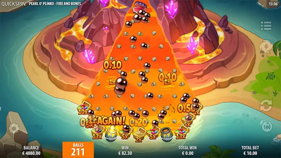 Second Bonus Game screen in Pearl O' Plinko Fire & Bones slot showcasing bonus mechanics.