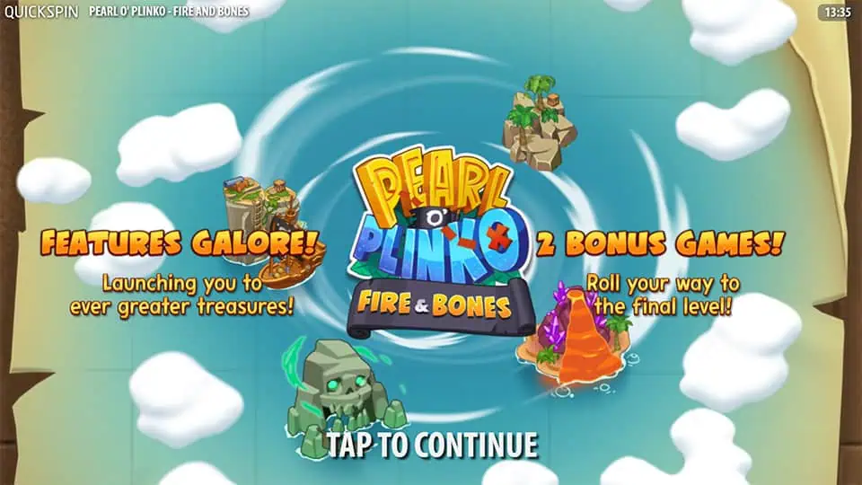 Homepage of Pearl O' Plinko Fire & Bones slot introducing game features and special mechanics.