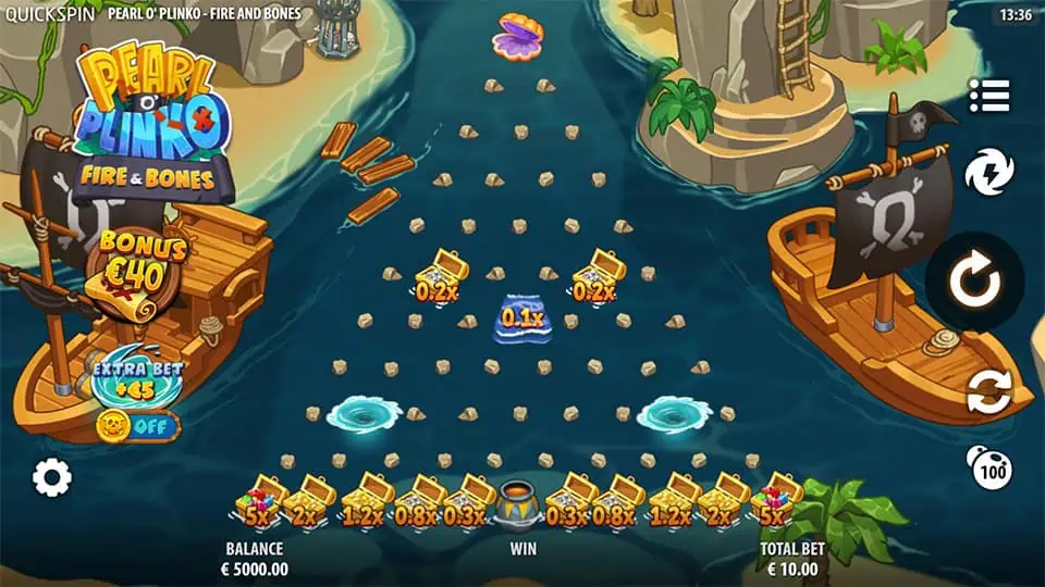 Preview of Pearl O' Plinko Fire & Bones slot showing the reels and themed symbols in action.